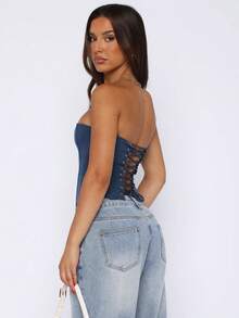 Women Bustier Corset Top Y2k Strapless Tie Back Boned Overbust Tube Crop Tops Going Out Club Shapewear - 藍色 - 查看 1