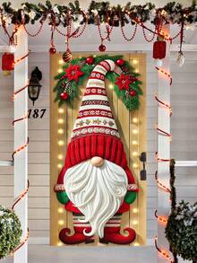 1 Stück Rotkäppchen-Zwerg mit Poinsettia-Kranz-Muster Weihnachts-Türverkleidung, festlicher Polyester Tür-förmiger Hängedekoration mit leuchtend roten Ornamenten, grünem Blattwerk und Lichterketten-Details, waschbar für Innen- und Außenbereich, perfekt als Weihnachts-Türdekoration und Akzent für Weihnachtsfeierlichkeiten, winterliche Festveranstaltungen