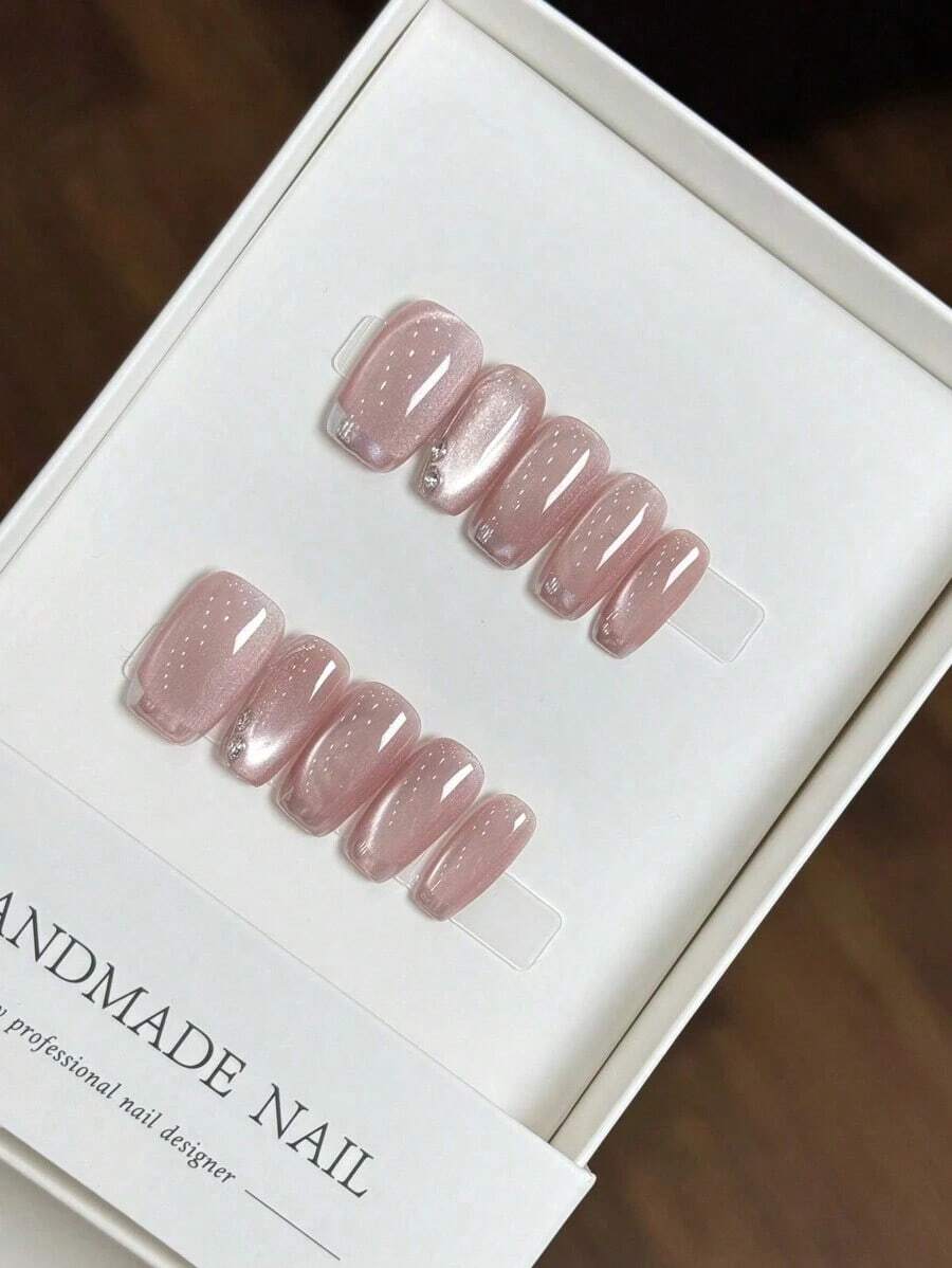 Press-On Nails, Handmade Mirror Powder French Manicure Glass Eye Design Nail Art Supplies - Hồng - Xem 1