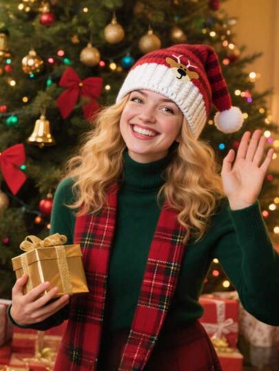 Santa Claus Hat For Adults - Red Striped Reindeer Pattern, Soft Polyester Holiday Party Hat With Fluffy Pom Pom, Hand Wash Only, Holiday Headwear For Men And Women, Christmas Accessory