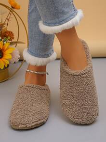 Ciabatte casual da donna taglie forti 36-43, colore unito con fodera in morbido pile, pantofole da casa con suola piatta e senza lacci, pantofole termiche imbottite per l'inverno