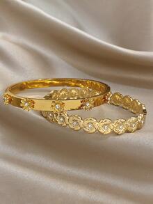 18K Gold Plated Stainless Steel Luxury Elegant Floral Bangle Bracelet Set For Women , Sweet Romantic Jewelry Mom Gift Christmas Thanksgiving Halloween Wedding Rave/Prom/Party/Daily Accessories Gift For Anniversary Valentine's