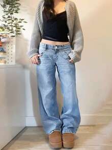 Women's Solid Color Casual Denim Straight Pants, Built-In Zipper, Durable & Non-Tight, Daily Multi-Scene Long Pants - 淺色水洗藍 - 查看 4