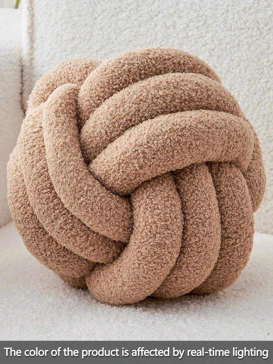 1pc Solid Color Versatile 3-Strand Hand-Woven Ball, Decorative Throw Pillow, Sofa Coffee Table Decor Ornament, Bedroom Bedside Decorative Pillow, Khaki - Khaki - View 1