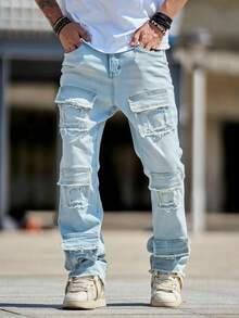 男士新款复古牛仔裤，带口袋，休闲修身弹力喇叭裤 - 淺色水洗藍 - 查看 5