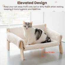 Yealeo 1 Piece Soft And Comfortable Raised Cat Bed Sofa Made Of Wood, Sturdy Large Cat Sofa - Fashionable Cat Chair With Removable Mattress Cover For Kittens, Anti-Anxiety Cat Bed - 白色 - 查看 3