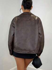 Vintage Solid Color PU Leather Pocket Plus Size Jacket, Casual Autumn/Winter - Brown - View 2