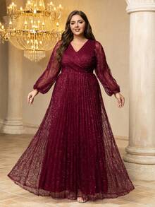 Vestito da sera lungo UNITHORSE da donna, con stampa casuale, collo a V elegante, maniche a lanterna, contrasto in paillettes e tessuto in rete plissettato, aderente