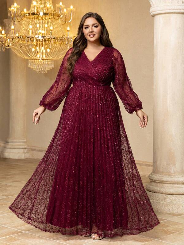 UNITHORSE Vestito da sera lungo UNITHORSE da donna, con stampa casuale, collo a V elegante, maniche a lanterna, contrasto in paillettes e tessuto in rete plissettato, aderente