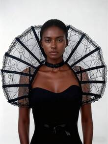 Halloween Medieval Retro Queen Vampire Shawl Headwear Cosplay With Skeleton Black Lace Cape Collar Cosplay Costume Accessories, Polyester