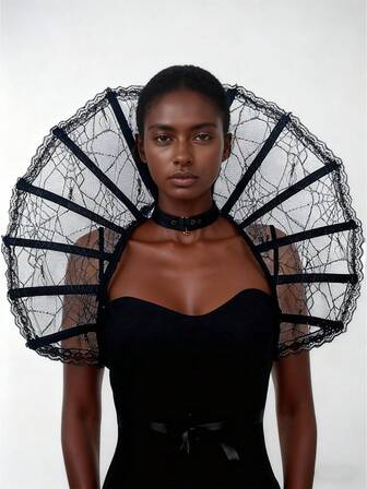 Halloween Medieval Retro Queen Vampire Shawl Headwear Cosplay With Skeleton Black Lace Cape Collar Cosplay Costume Accessories, Polyester