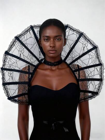 万圣节中世纪复古女王吸血鬼披肩头饰角色扮演骷髅黑色蕾丝斗篷领角色扮演服装配饰，涤纶