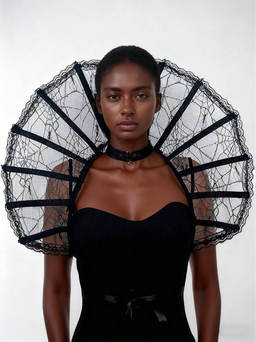 Halloween Medieval Retro Queen Vampire Shawl Headwear Cosplay With Skeleton Black Lace Cape Collar Cosplay Costume Accessories, Polyester