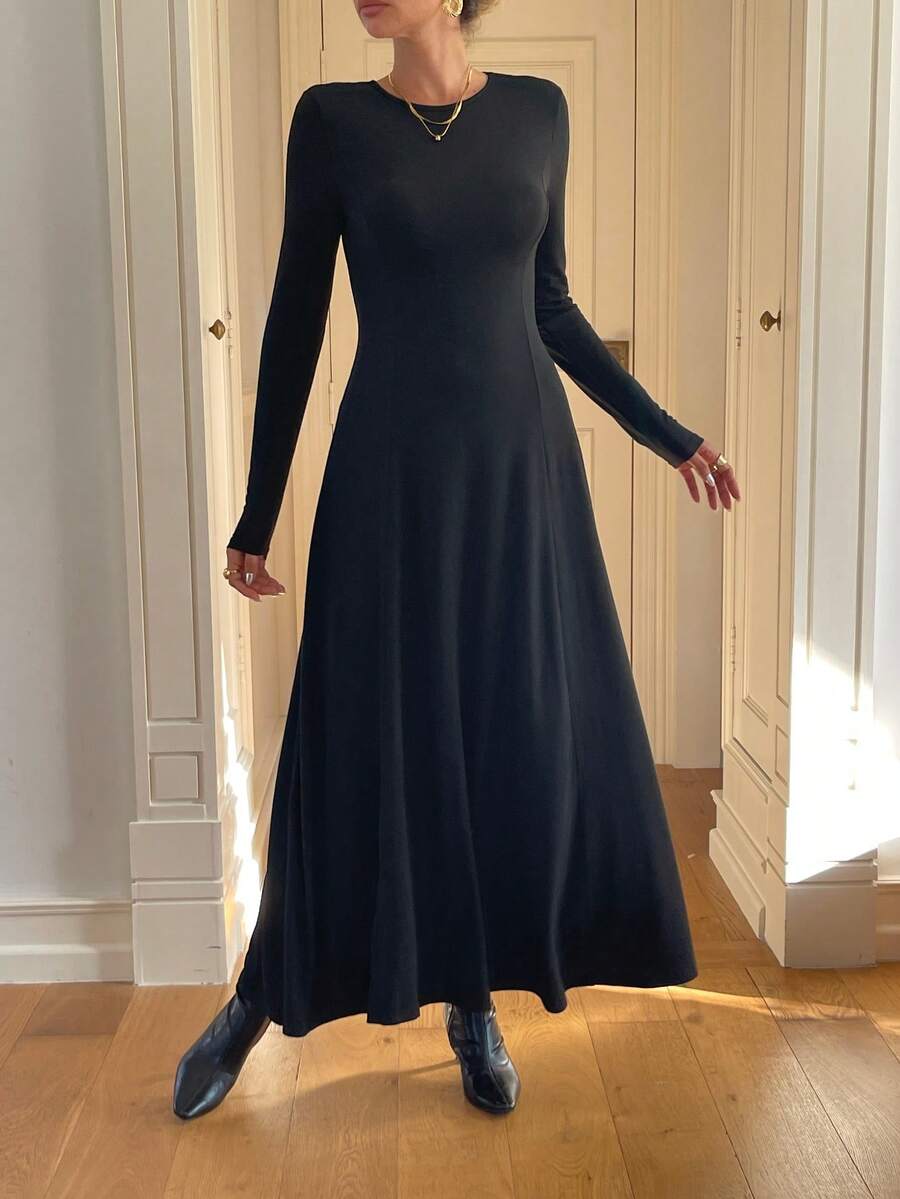 Abito midi a-line elegante da pendolare con collo rotondo e colore unito, autunnale - nero - Visualizzare 1