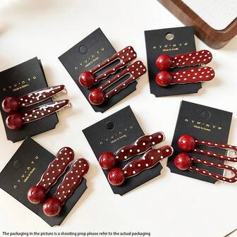 10pcs Vintage Burgundy Drip Oil Metal Duck Clip, Sweet Elegant Red Pearl Hair Clip, High-End Girl Bangs Clip, Side Hair Clip, Red Polka Dot Hair Clip, Suitable For Daily Use, Claw Clips