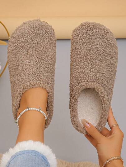 Ciabatte casual da donna taglie forti 36-43, colore unito con fodera in morbida pelliccia, pantofole da casa con suola piatta e slip-on, pantofole da interno imbottite in pile calde per l'inverno