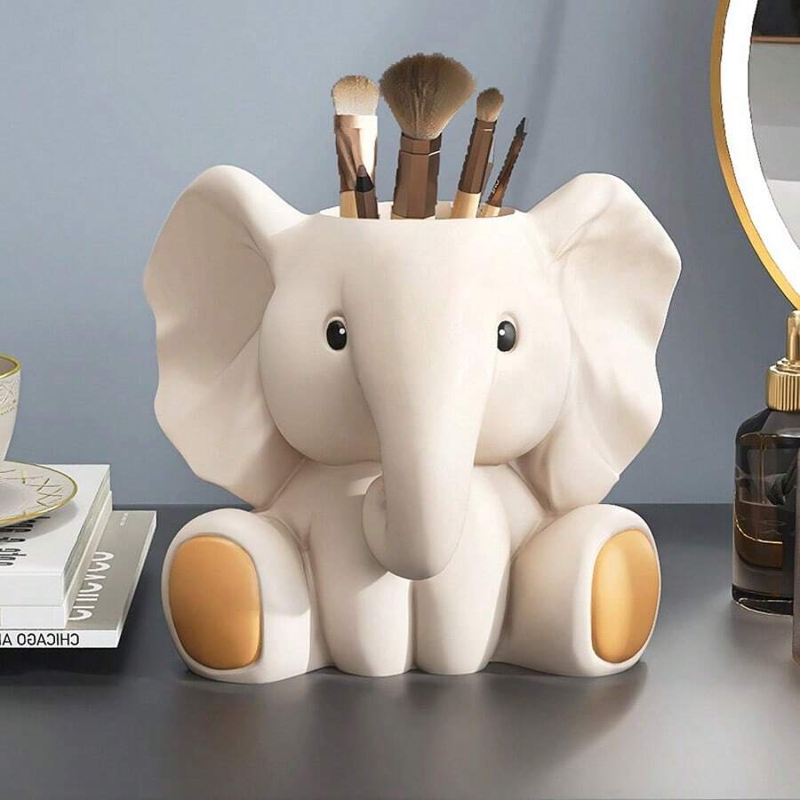 1pc Elephant Shaped Pen Holder, Cute & Fashionable Office Desk Organizer, Animal Decor, Makeup Brush Holder, Functional Desktop Accessory, Home/Office Decoration, Halloween/Christmas/New Year Gift - Apricot - View 1