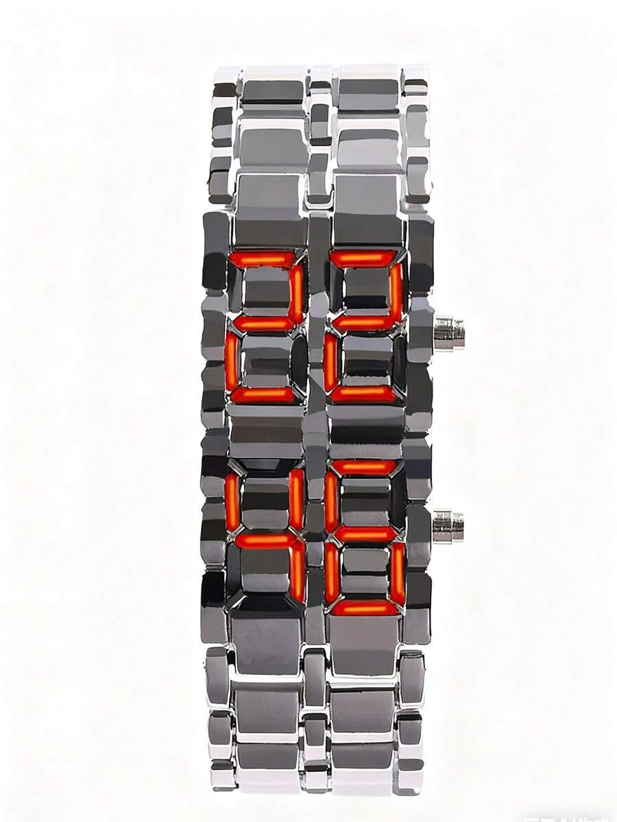 1 件时尚新款商务男士不锈钢表带 LED 电子手表，适合日常装饰 - 銀色 - 查看 1