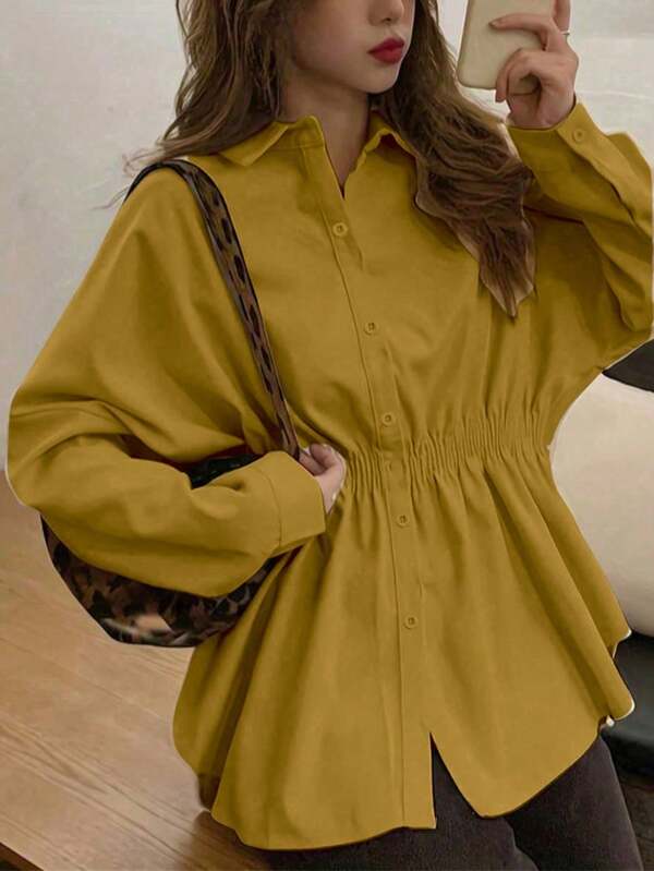 Women's Minimalist Office Fashion Waist Cinching Long Sleeve Shirt, Women's Plus Size Casual Solid Color Waist Cinching Shirt, Women's Autumn Clothing, Casual Daily, Solid Color Woven Fabric Front Button Collegiate Autumn/Winter