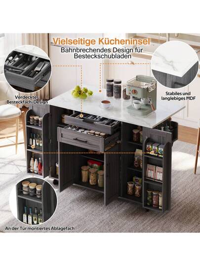 120*45cm, Mobile Kitchen Isl Trolley, Worktop Extends Up To 70cm, Hidden Cutlery Drawer, Adjustable Shelves, Spice Rack Towel Holder, Kitchen, Dining Room Or Living view 5