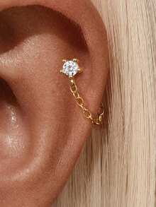 S925 Sterling Silver Vertical Dangle Hidden Helix Piercing, Threaded Flat Back Stud Earrings, Hidden Rook/Cartilage/Conch/Tragus/Helix Drop Earring - Gold - View 13