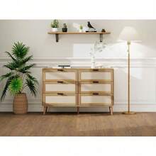 Kommode in Walnussfarbe mit Rattangeflecht und sechs Schubladen, Länge 118,5 cm, Kiefernholz-Füße, geeignet für Schlafzimmer, Wohnzimmer, Arbeitszimmer und andere Räume