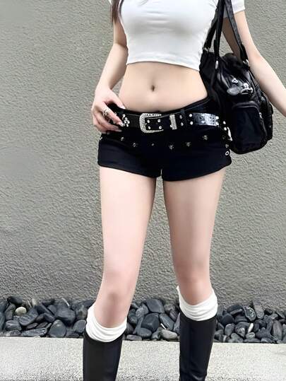 Y2K Gal Style Retro Low-Waist Denim Hot Pants, 1-Piece Set, A-Line Style, Slim Fit