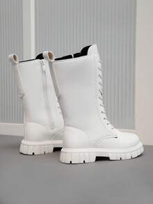 1 双白色柔软舒适 PU 皮革经典系带圆头高帮靴，适合幼儿女孩，适合 3-15 岁学生，休闲户外穿着，秋冬 - 白色 - 查看 3