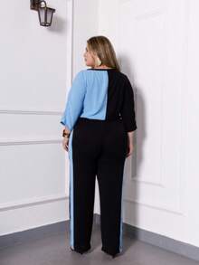 Maison Raglan Sleeve Blouse And Plus Size Summer Pants Set - Baby Blue - View 5
