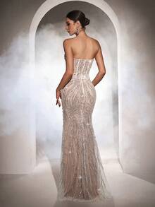 Elisanya Đầm dạ hội Astony One sang trọng, thanh lịch, lấp lánh sequin màu trắng ngọc trai, thiết kế ôm sát gợi cảm cổ chữ V sâu, không dây vai, chất liệu chiffon mềm mại, đuôi váy được trang trí cầu kỳ, dài đến sàn, lý tưởng cho đám cưới, lễ đính hôn, tiệc cocktail, sự kiện thảm đỏ, hẹn hò, tiệc bãi biển, lễ hội âm nhạc, lễ hội hóa trang và các dịp tiệc tùng khác. - trắng - Xem 5