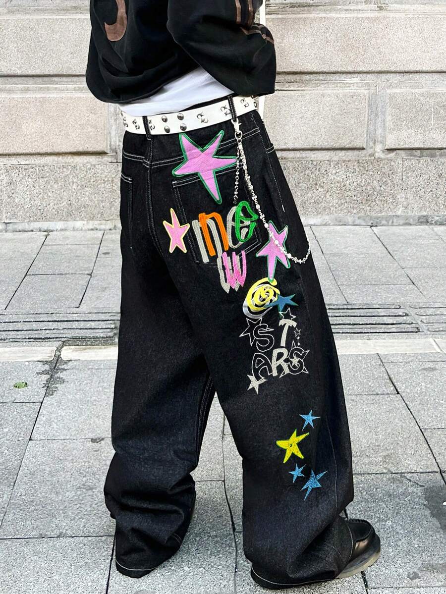 1pc Vintage American Street Style Embroidered Loose Fit Casual Wide Leg Jeans Pants For Men, Comfortable & Versatile For All Seasons (Belt And Accessories Not Included) - 黑色 - 查看 1