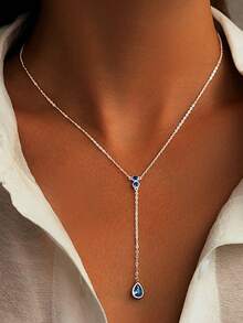 قلادة فضة عيار 925 بقلادة زركونيا على شكل قطرة ماء زرقاء، تصميم علاق أنيق، سلسلة تجميل منطقة الترقوة، مناسبة للارتداء اليومي