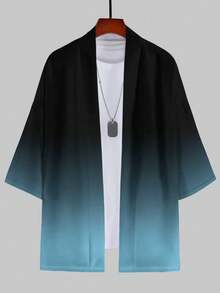 Men's Blue Ombre Printed Sunscreen Casual Open Cardigan, Made Of Polyester, Summer Style