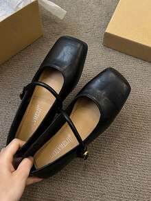 Women's Square Toe Mary Jane Black Retro Flat Shoes, Comfortable Strap Breathable Flat Shoes With Cold Glue Craft