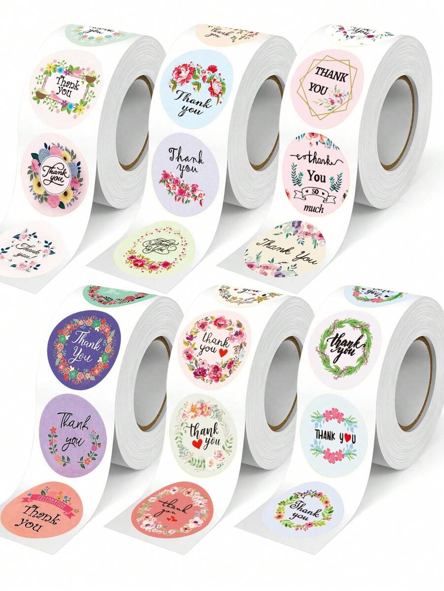 500pcs Floral Thank You Stickers, 6 Designs, 48 Patterns, 1 Inch Round, Suitable For Scrapbooking, Diary, Crafts, Cards, Gifts, Daily And Holiday Parties, PVC Waterproof Sticker Decals Scrapbook Supplies School Supplies - Flower Thanks - View 1