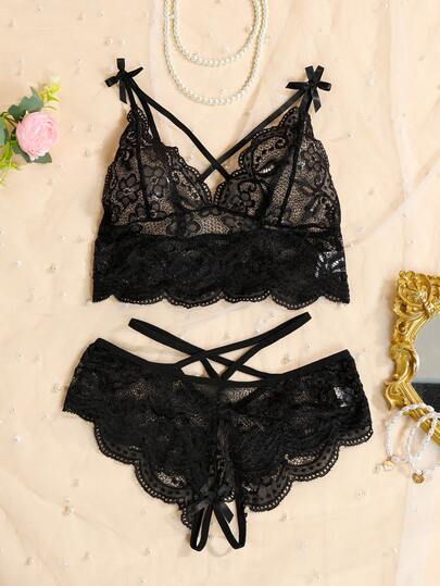 Classic Elegante Kanten Bow Verleidelijke Lingerie Set, Wireless Com Tafel Camisole BH Crotchless Teddy Slipje Baddie Look view 6