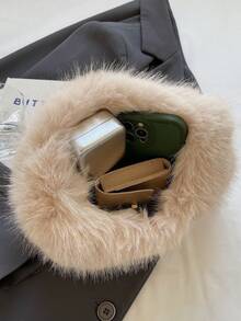 1个时尚毛绒单肩包，平沿手提包，可爱女士冬季手提包/钱包 - 卡其色 - 查看 5