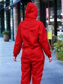 Red Solid Color Men's Hooded Fleece Jumpsuit With A National Flag Mask, Long Sleeves With Front Pocket, Long Zipper, Hood Drawstrings, Comfortable And Stylish Workwear, Zip-Up Work Pants, One-Piece Loungewear, A Must-Have Gift, Mask Can Be Used As A Headscarf, Neck Warmer, Or Hat For Multifunctional Use. - 紅色 - 查看 2