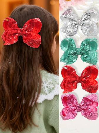 1pc Minimalist Shiny Girls' Hair Accessory, Solid Color Sequin Pom Pom Flower Bow Hair Clip, Red Bow, Children Girls Hair Decoration, Suitable For Recitals, Parties
