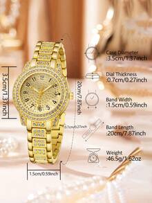 1 chiếc đồng hồ đeo tay nữ thanh lịch, sang trọng, dây đeo hợp kim mạ vàng, đính kim cương, mặt số hiển thị số, máy quartz tròn, phù hợp để đeo hàng ngày, món quà hoàn hảo cho bạn gái hoặc mẹ. - Vàng - Xem 4