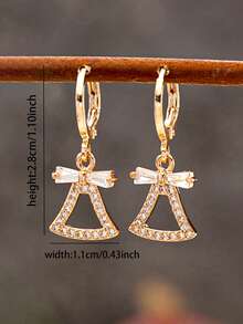 1 Pair Cooper Zirconia Jingle Bells Dangle Earring, Winter Holiday Xmas Bow Drop Earrings, Festive Jewelry Gift For Women&Girls