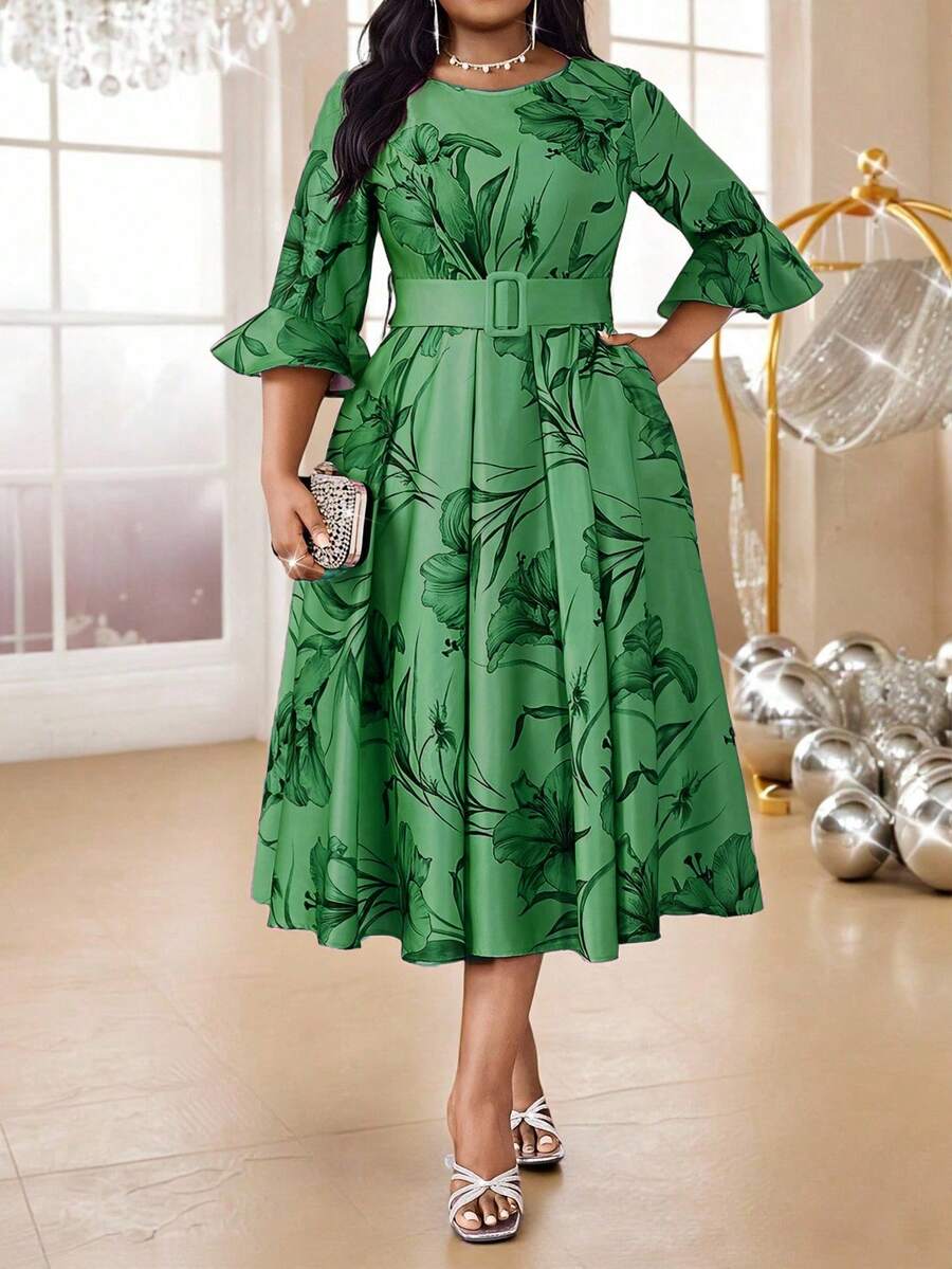 Green Long Dress For Women, High-Quality Waist Cinching, Elegant Flared Hem, Spring - Green - View 1