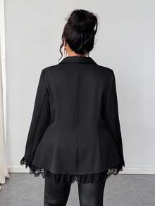 Whisplicity Plus Size Women Office Blazer Jacket With Lapel Neck Long Sleeve, Contrast Lace, Button Pockets - Black - View 5