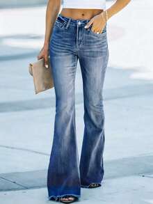 Damen Lässig Weite Bein Jeans mit mittlerer Stretch, Boho Stil Hose mit Knöpfen und Taschen - Mittele Waschung - Übersicht 1