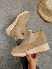 Bottes à plateforme à semelle épaisse pour femmes, bottes à talon compensé mode de couleur unie, bottes à talon haut confortables à semelle épaisse et enfiler, bottes Chelsea décontractées antidérapantes pour la plage