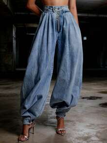 Women Harem Denim Pants Causal High Waist Wide Leg Baggy Solid Color Trousers With Pockets - 藍色 - 查看 2