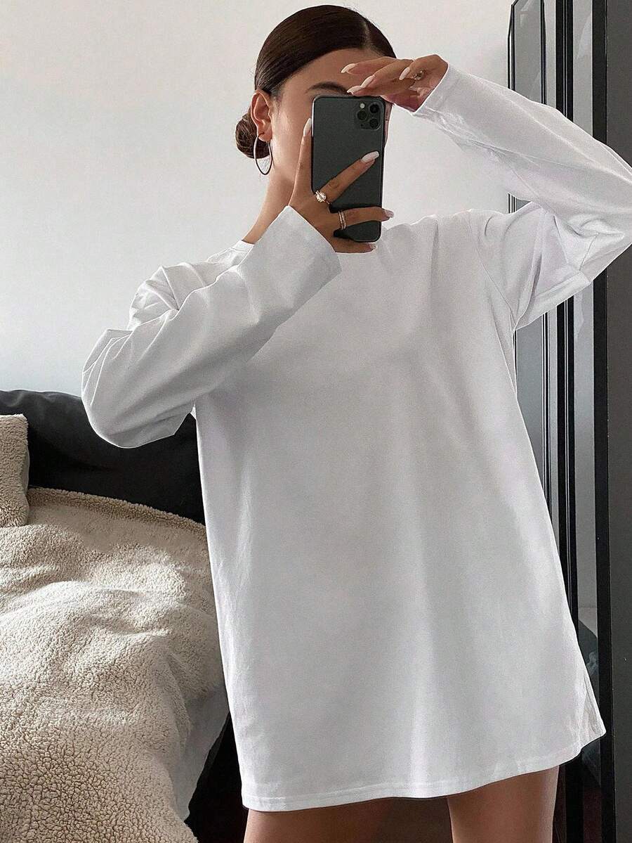 Livesso 女式纯色宽松长袖圆领长款 T 恤，秋季服装学院风上衣 - 白色 - 查看 1