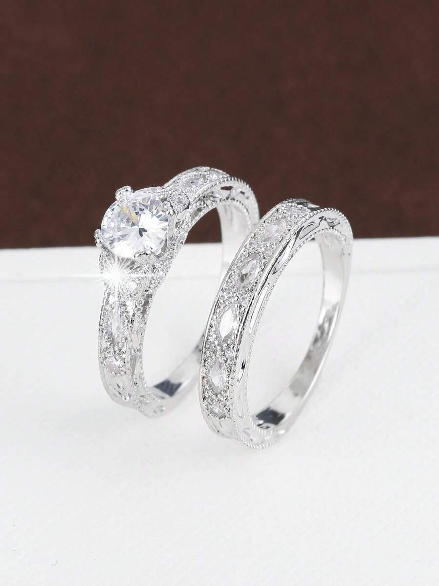 2 件套方晶锆石戒指套装，时尚叠戴戒指，适合女性日常佩戴 - 銀色 - 查看 1