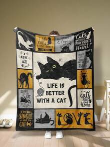 1pc-Cat Pattern Flannel Blanket, Modern Style Polyester Fiber Rectangular Blanket Suitable For Multiple Scenes Use