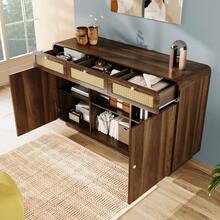Kommode Sideboard 120cm Nussbaum, Schubladenschrank mit Rattan & Goldgriffen, 3 Schubladen + 2 Schränke + offenes Regal, Höhenverstellbare Einlegeböden, H85/B120/T40 cm